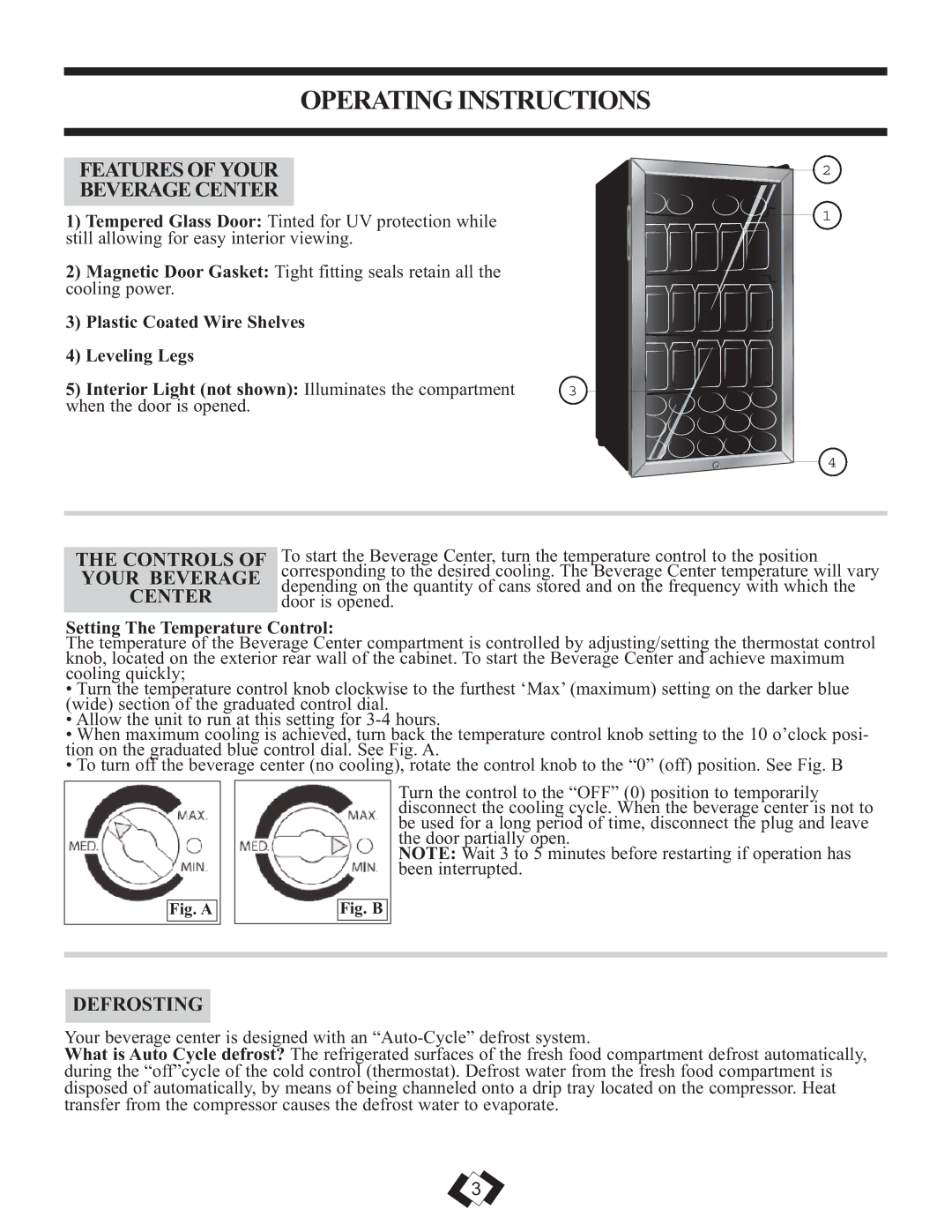 Danby DBC120BLS Operating Instructions, CONTROLS OF Your Beverage Center, Defrosting, Setting The Temperature Control 